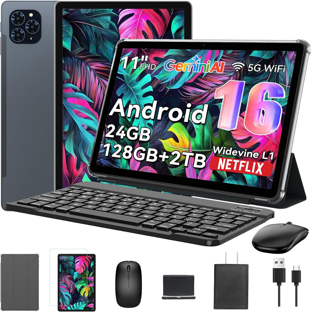 Tablet 2026 World's First Android 16 Tablet with Gemini AI, 11 Inch FHD Display, 24GB RAM 128GB ROM /2TB TF, T7250 CPU+13MP Camera, 8000mAh, Widevine L1, 2 in 1 Tablets with Keyboard Mouse Stylus