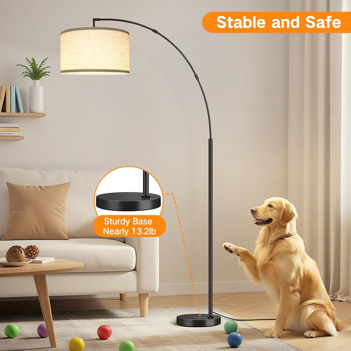 OUTON 81" Arc Floor Lamp, 12W 1080LM LED Dimmable Floor Lamp with 16" Beige Lampshade, Remote Control & Foot Switch, 4 Colour Temperatures, Tall Standing Lamp for Living Room Bedroom Office, Black