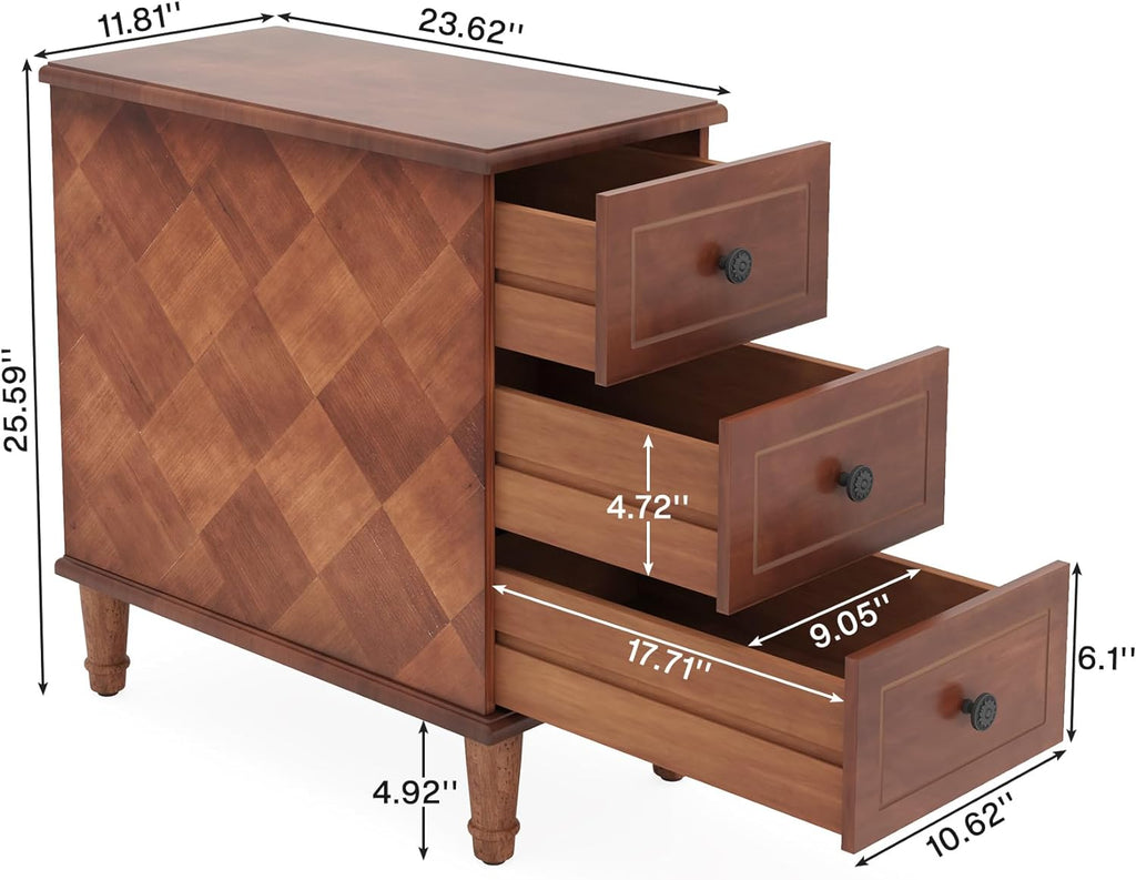 Tribesigns Solid Wood End Table, Fully Assembled Narrow Side Table with Drawers, Pre-Assembled Nightstand Slim Bedside Table for Small Spaces, Living Room, Bedroom, Brown