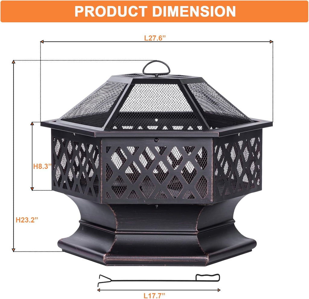 Panovue 28Inch Outdoor Fire Pit, Hexagon Shaped Wood Burning Firepit for Outside Bonfire, Patio, Backyard and Camping (Antique Bronze)