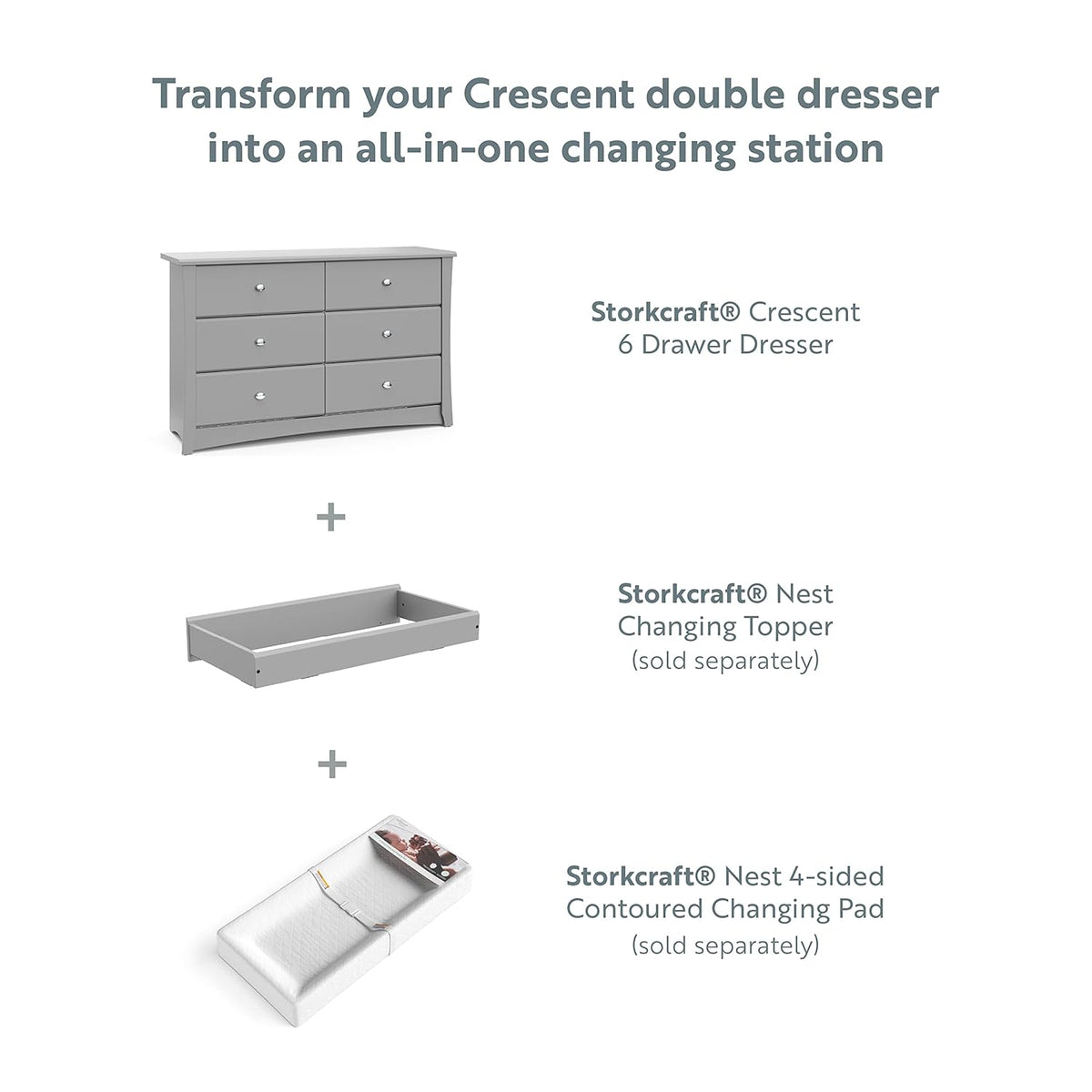 Storkcraft Crescent 6-Drawer Dresser (Pebble Gray) – GREENGUARD Gold Certified, Gray Dresser for Bedroom, Kids & Nursery Storage Chest, Safety Interlocking Drawers, Pre-Installed Tracks, Kids Chest