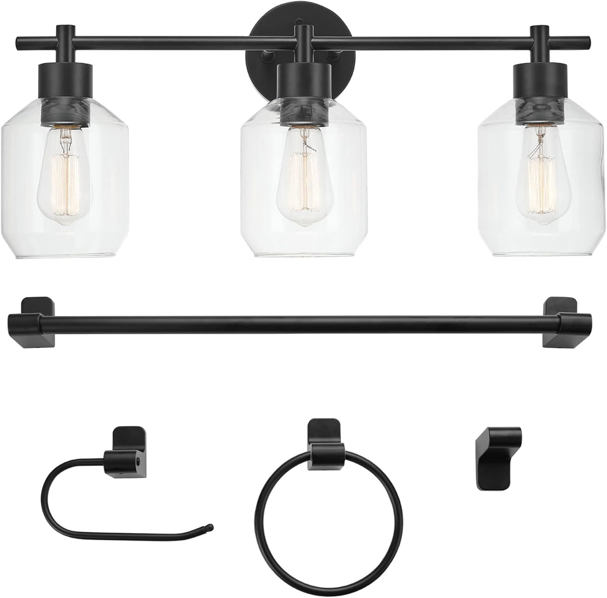 Globe Electric 65556 All-in-One 5-Piece Bathroom Set, Matte Black Finish, 3-Light Vanity with Clear Glass Shades, Towel Ring, Toilet Paper Holder, Robe Hook, and Towel Bar, Modern Bathroom Lighting