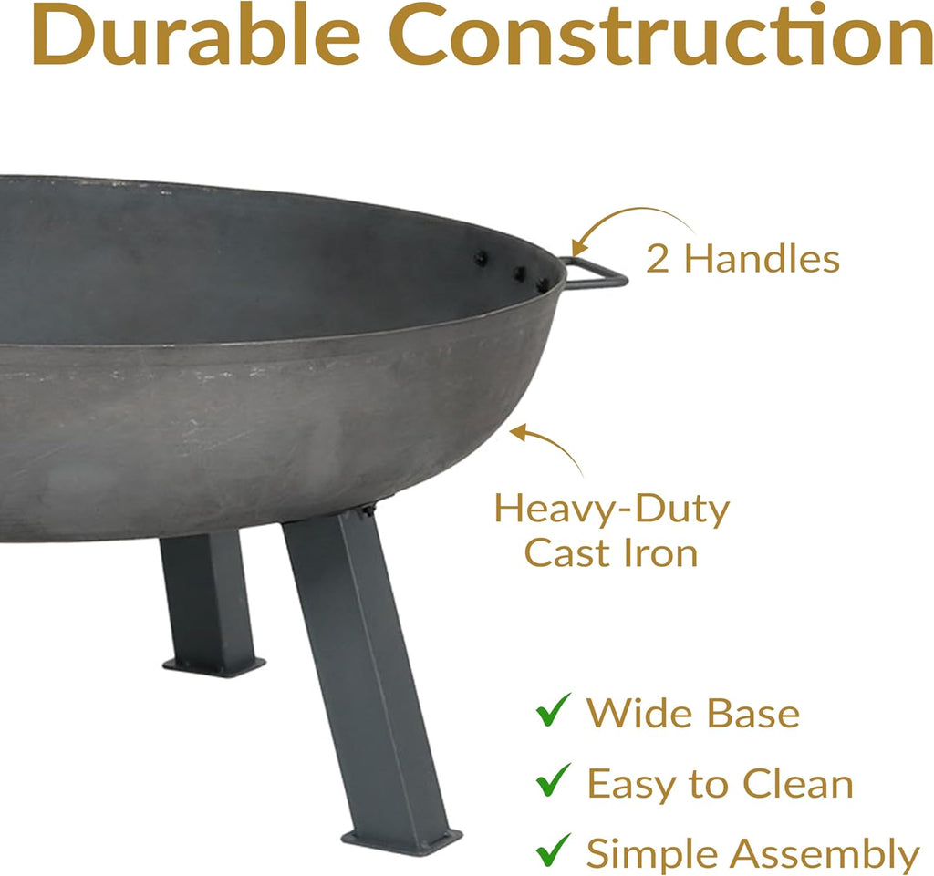Sunnydaze Cast Iron Heavy Duty Fire Pit for Outside - Wood Burning Outdoor Fire Pit Bowl with Handles for Patio, Backyard, Camping - 34" - Gray