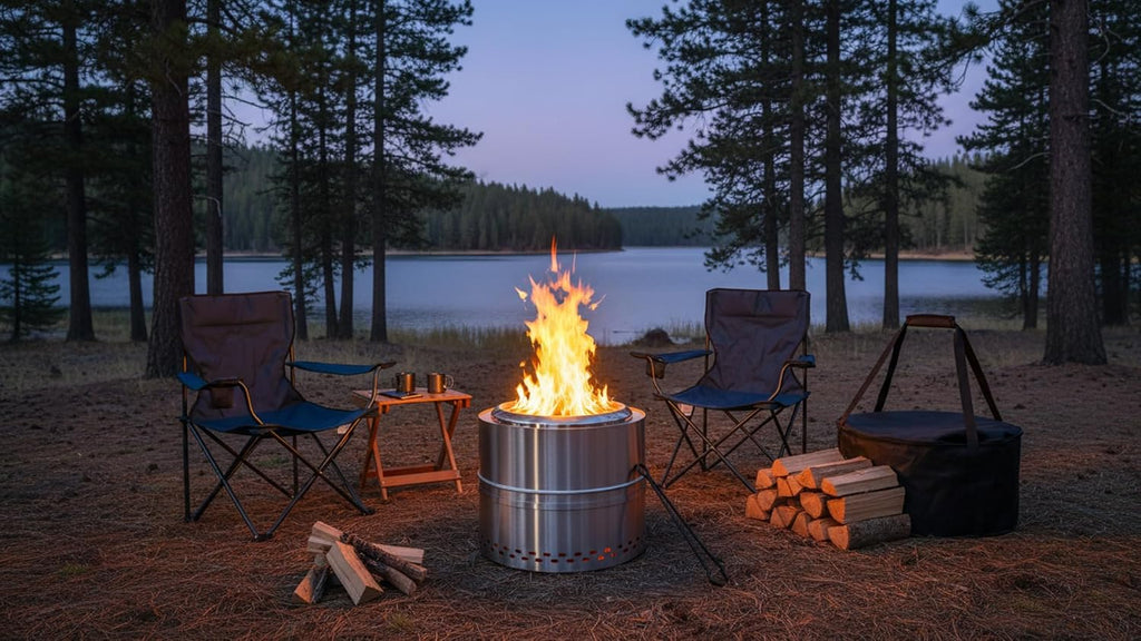 Smokeless Firepit Bonfire 20", Outside Wood Burning Metal Stove Stainless Steel Fire Pit with Carry Bag, Portable Camping Propane Patio Backyard, Easy Setup & Cleaning (Silver Without Hallow)