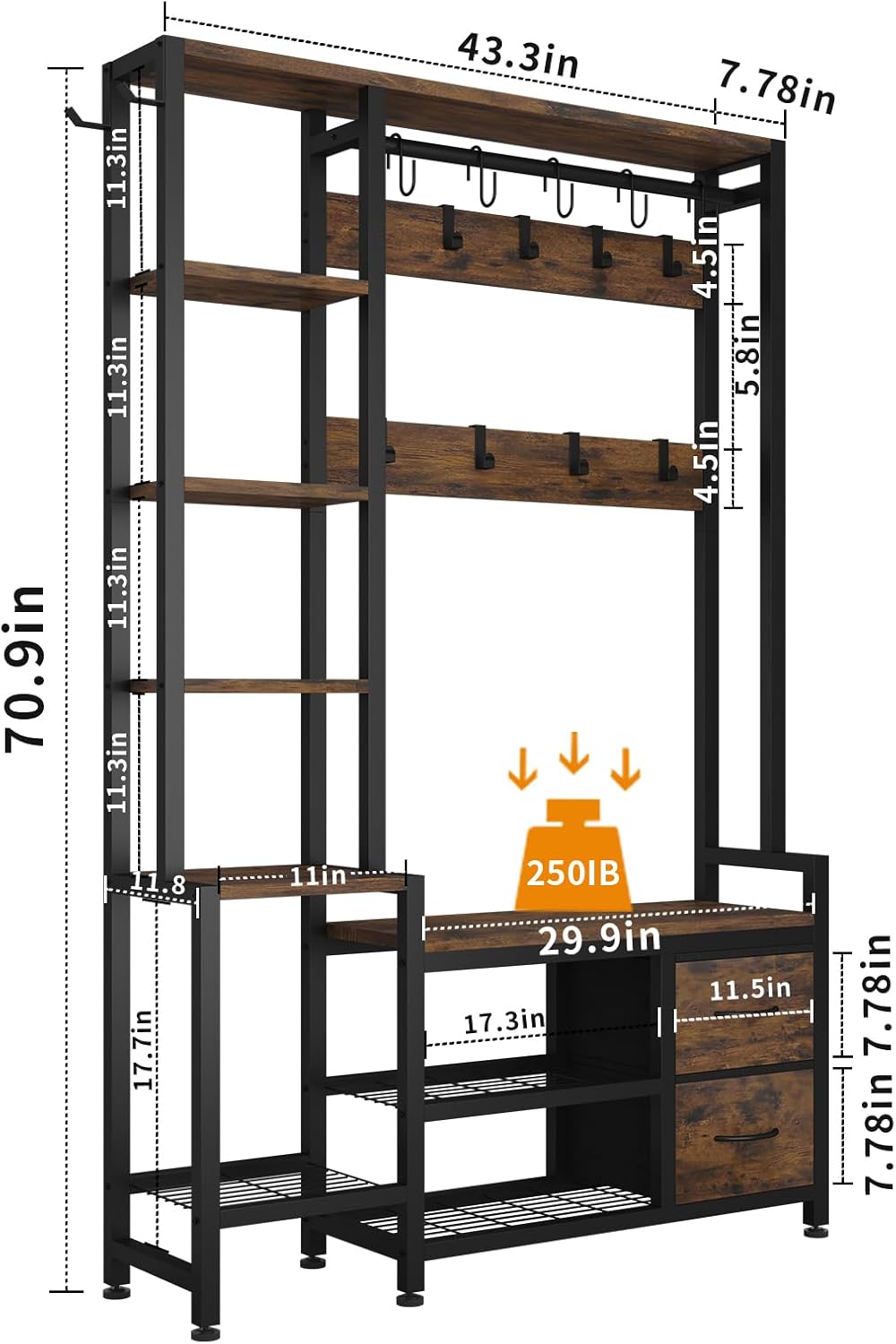 Hall Tree for Entryway 43", Bench with Shoe Storage, Large Coat Rack Shoe Bench with 5 Tier Shelves, 5 in 1 Design Front Door Shoe Rack and Wall Rack Hooks, and 2 Drawers (Rustic Brown)