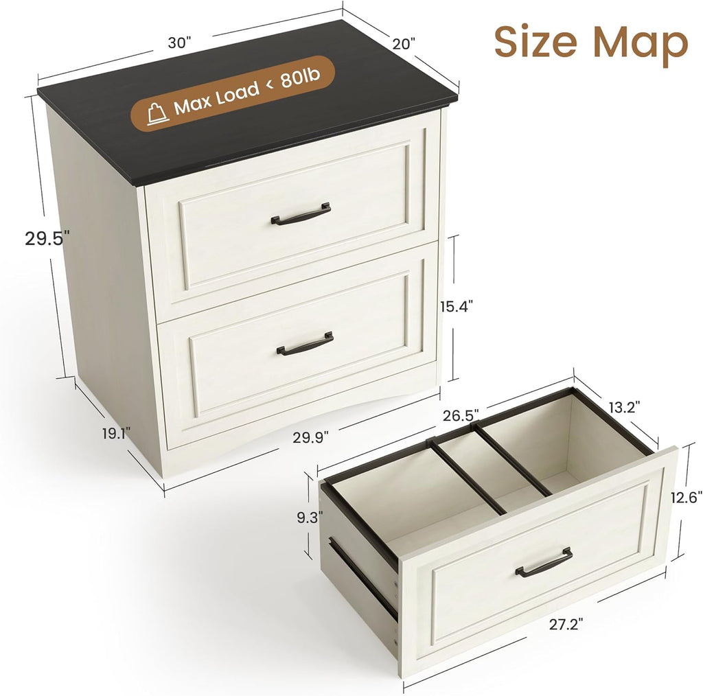 FEZIBO Farmhouse File Cabinet, 30" Lateral Filing Cabinet with 2 Drawers and Hanging Rods, Storage Wood Cabinet for Home Office, Living Room, Bedroom, Pure White