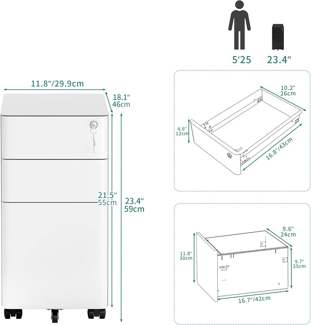 YITAHOME 3-Drawer File Cabinet, Lockable Mobile Filing Cabinet for A4/Letter/Legal Size Folder, Vertical File Cabinet for Home Office, Installed Except Casters, White