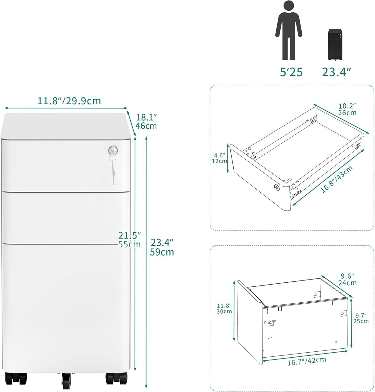 YITAHOME 3-Drawer File Cabinet, Lockable Mobile Filing Cabinet for A4/Letter/Legal Size Folder, Vertical File Cabinet for Home Office, Installed Except Casters, White