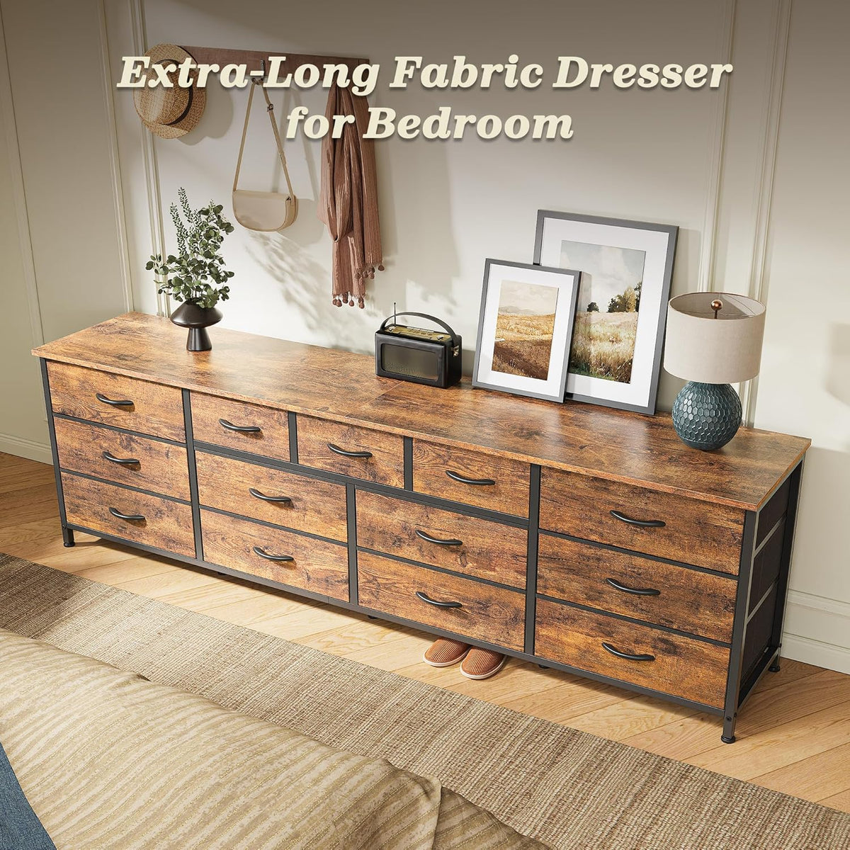 Huuger 70 Inch Dresser for Bedroom, TV Stand for 65, 75, 80 Inch TV, 13 Fabric Drawer Long Dresser, Large Entertainment Center for Bedroom, Wide Chest of Drawer with Storage, Rustic Brown