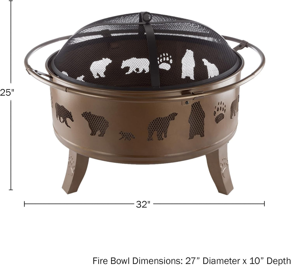 Pure Garden 50-LG1202 32” Outdoor Deep Fire Pit-Round Large Steel Bowl with Bear Cutouts, Mesh Spark Screen, Log Poker & Storage Cover-Patio Wood Burning, Antique Gold