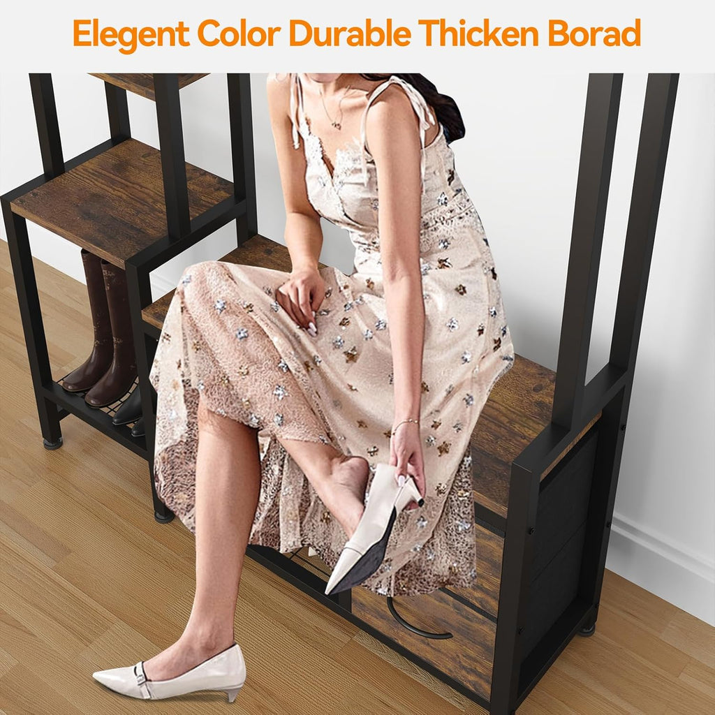 Hall Tree for Entryway 43", Bench with Shoe Storage, Large Coat Rack Shoe Bench with 5 Tier Shelves, 5 in 1 Design Front Door Shoe Rack and Wall Rack Hooks, and 2 Drawers (Rustic Brown)