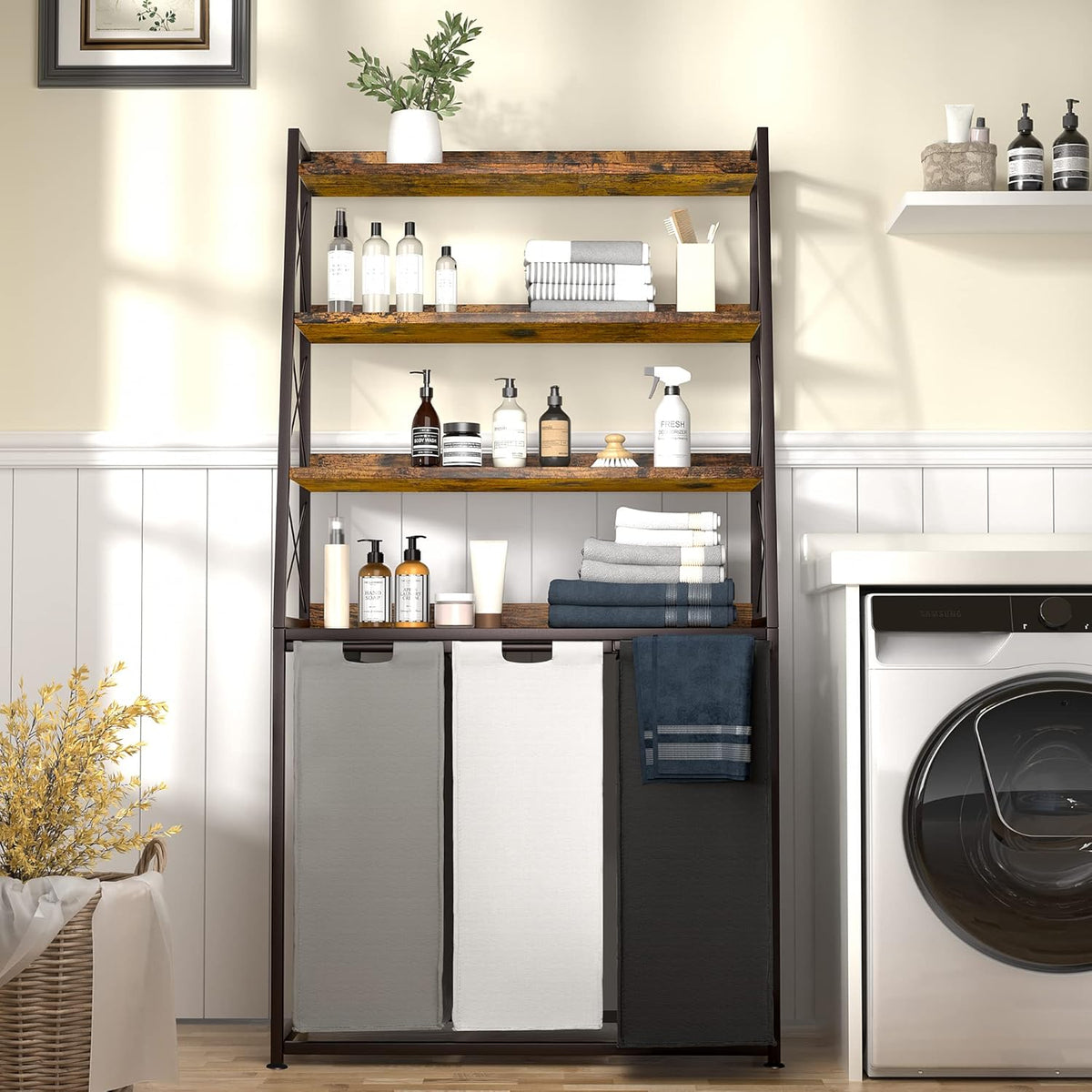 Herture Laundry Basket, 3 Section Laundry Hamper with 4 Tiers Shelf, Pull-Out and Removable Laundry Bags, Large 3 x 15.87 Gallons, for Laundry Room Bathroom Rustic Brown PF05XLN