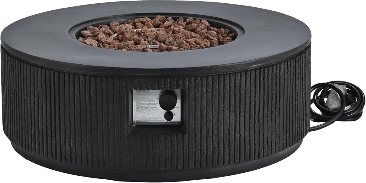 Merax 38.19'' MGO Propane Outdoor Fire Pit with Vertical Stripe Design, 50000 BTU Round Fire Pit Table with Steel Burner, Adjustable Flame Control, Lava Rocks & Rain Cover for Patio&Backyard, Black