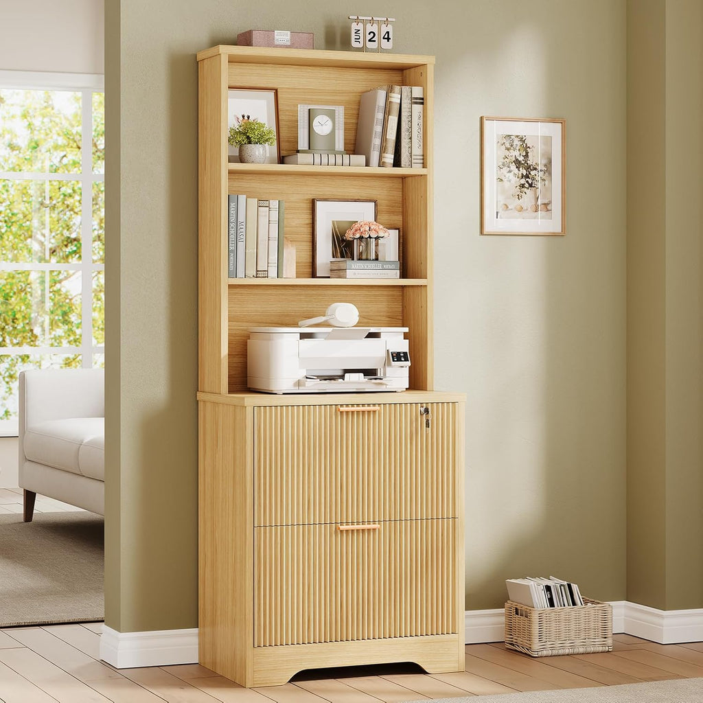 SEDETA 2 Drawer File Cabinet with Lock, Wood Filing Cabinet fits Letter, Legal, A4 Size, Hanging File Folders, Farmhouse File Cabinets for Home Office with Adjustable Storage Shelf, Natural Oak
