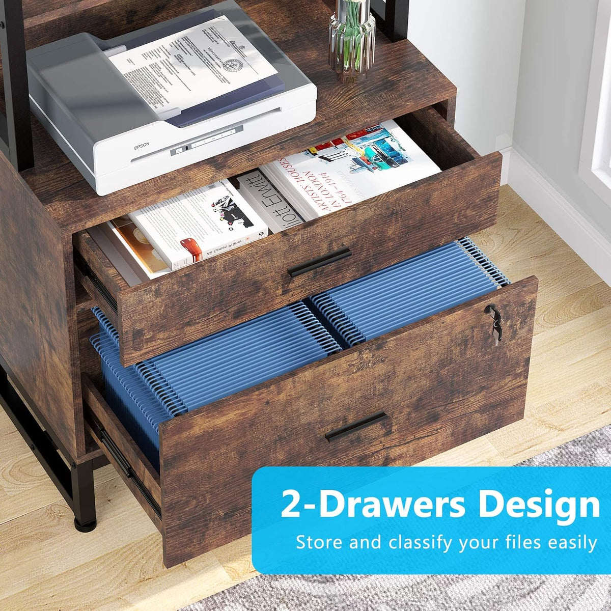 Tribesigns 2 Drawer Lateral File Cabinet with Lock, Letter Size Large Modern Filing Cabinet Printer Stand with Open Storage Shelves for Home Office, Dark Brown