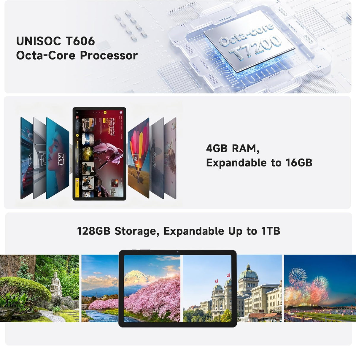 AOC 10.1 inch Android Tablet, Android 16 System, 120Hz Ultra-Smooth Display, 4GB RAM 128GB ROM (1TB Expandable), Octa-Core Processor, Widevine L1 for HD Streaming, Face Unlock, Slim Metal Body, GPS