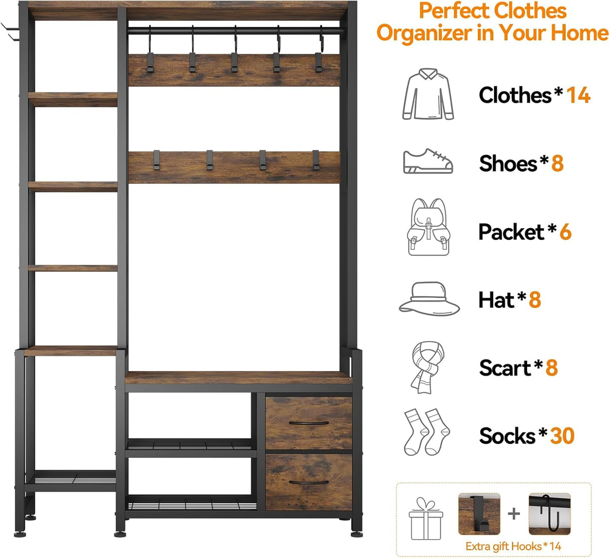 Hall Tree for Entryway 43", Bench with Shoe Storage, Large Coat Rack Shoe Bench with 5 Tier Shelves, 5 in 1 Design Front Door Shoe Rack and Wall Rack Hooks, and 2 Drawers (Rustic Brown)