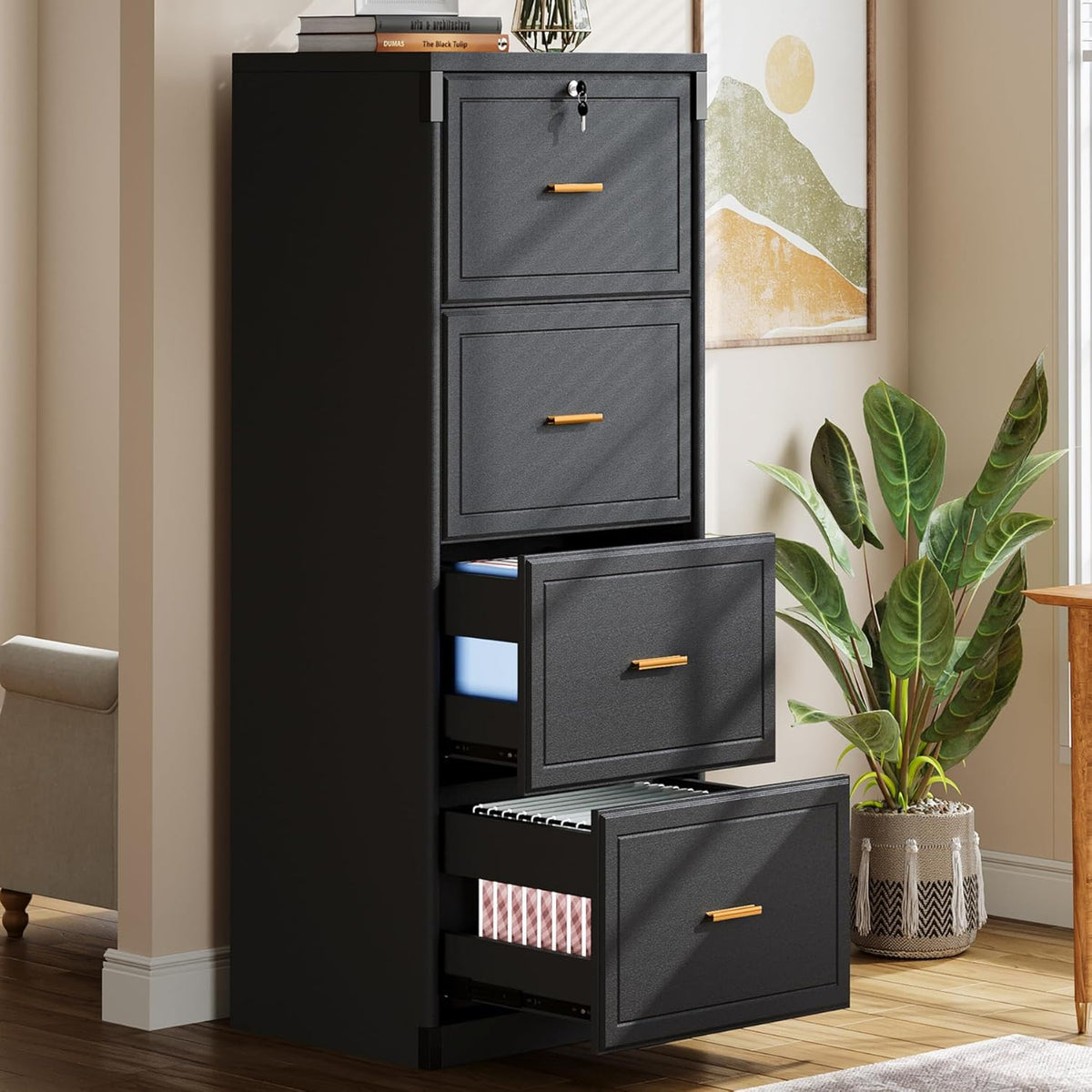 Tribesigns 4-Drawer File Cabinet with Lock, Locked File Cabinet with Key, Tall Wooden Filing Cabinets for Home Office, Vertical Office Storage for Legal Size/Letter/A4/Files, Black