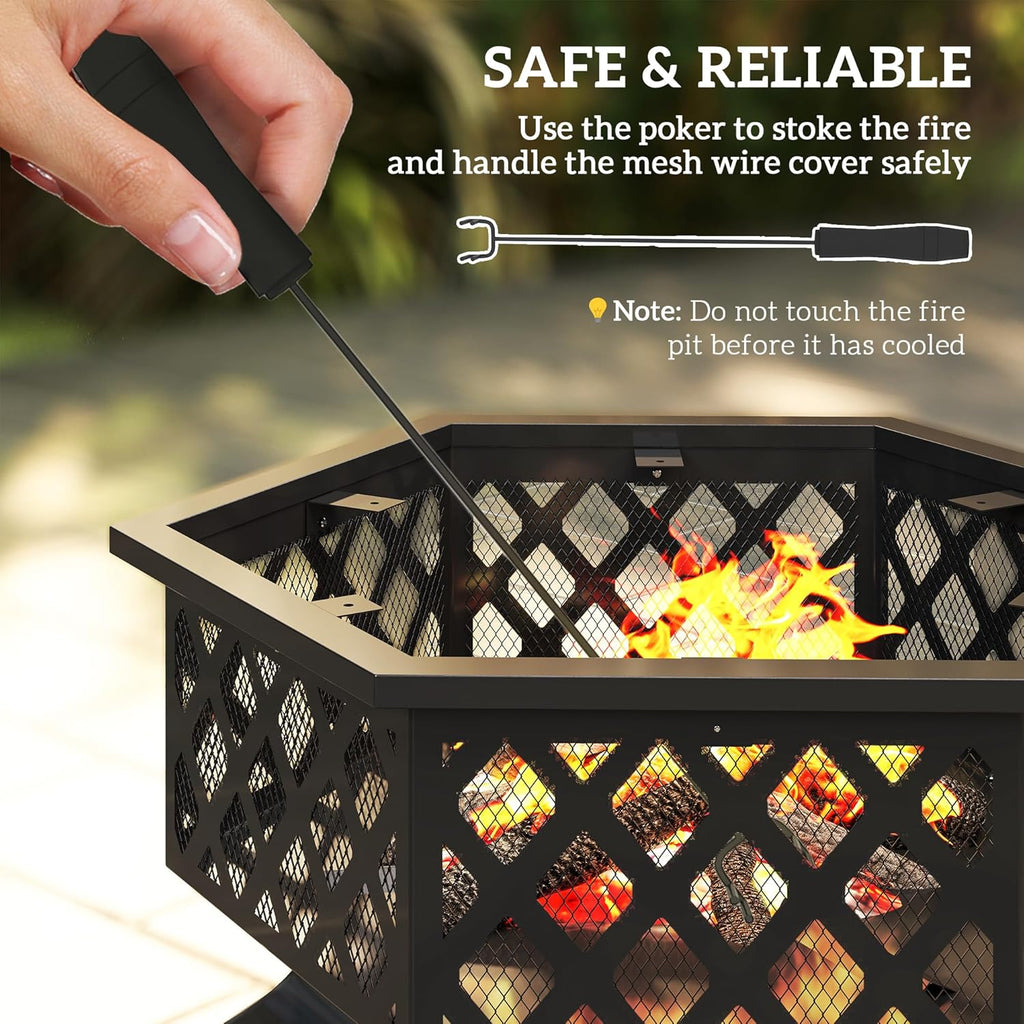 Outsunny 28" Outdoor Fire Pit Grill, Portable Wood Burning Firepit for Outside with Cooking Grate, Fire Poker, Spark Screen Lid, Steel Hexagon Fireplace for Patio Bonfire Backyard BBQ Camping Picnic
