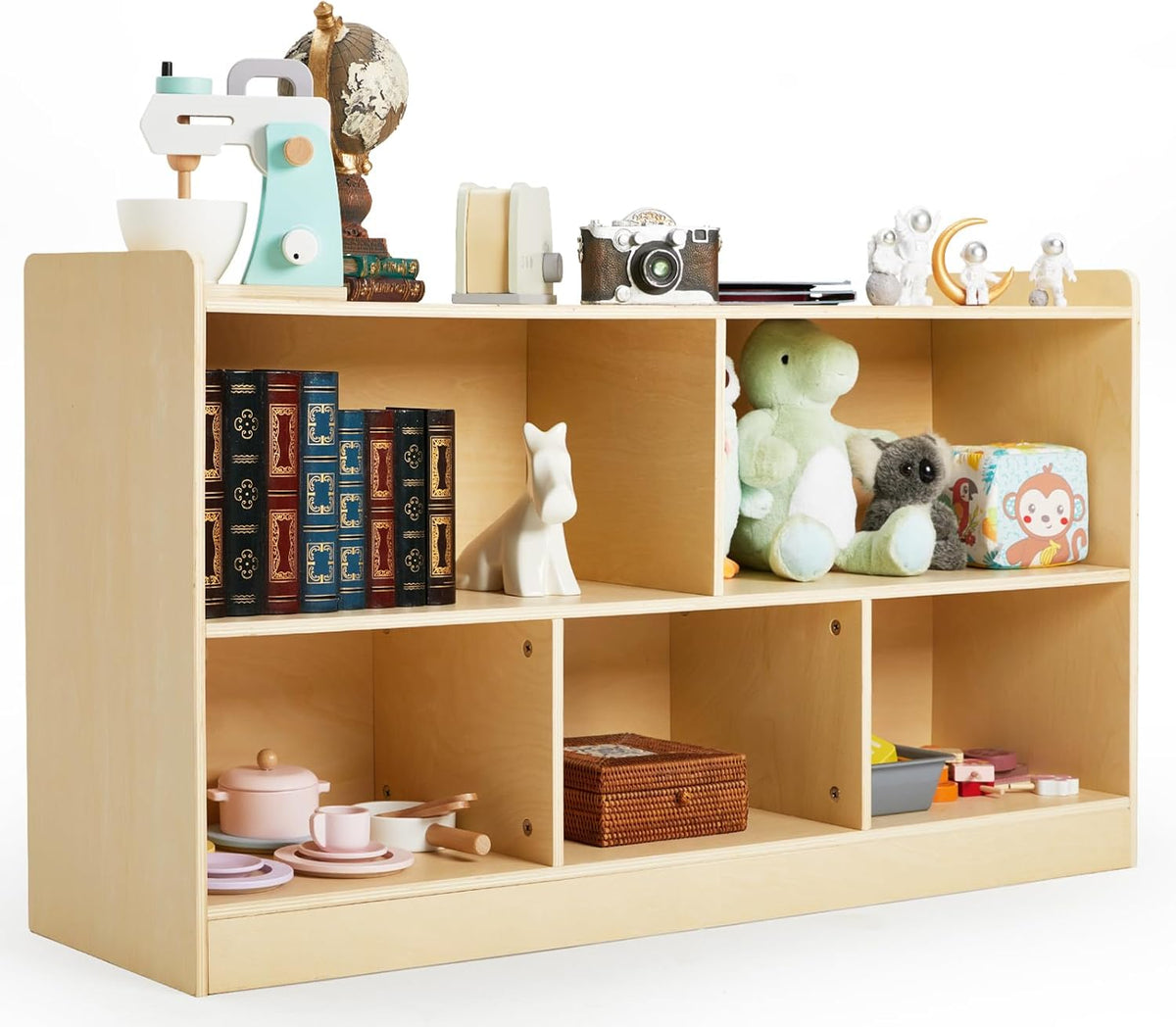 Montessori Shelf, Wooden Toy Storage Organizer for Books Toys, 2 Shelf Bookcase, 5-Section Storage Cabinet, Toddler Book Shelf for Kids Rooms, Playroom, Nursery, Kindergarten (Natural)