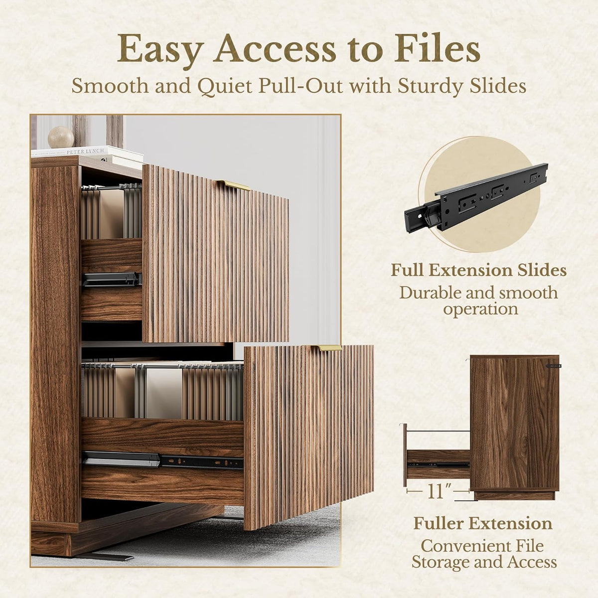 2 Drawer Fluted File Cabinet, 32'' Lateral File Cabinet for Legal/Letter/A4/F4 Size Hanging Files, Wood File Storage for Home Office, Black Walnut