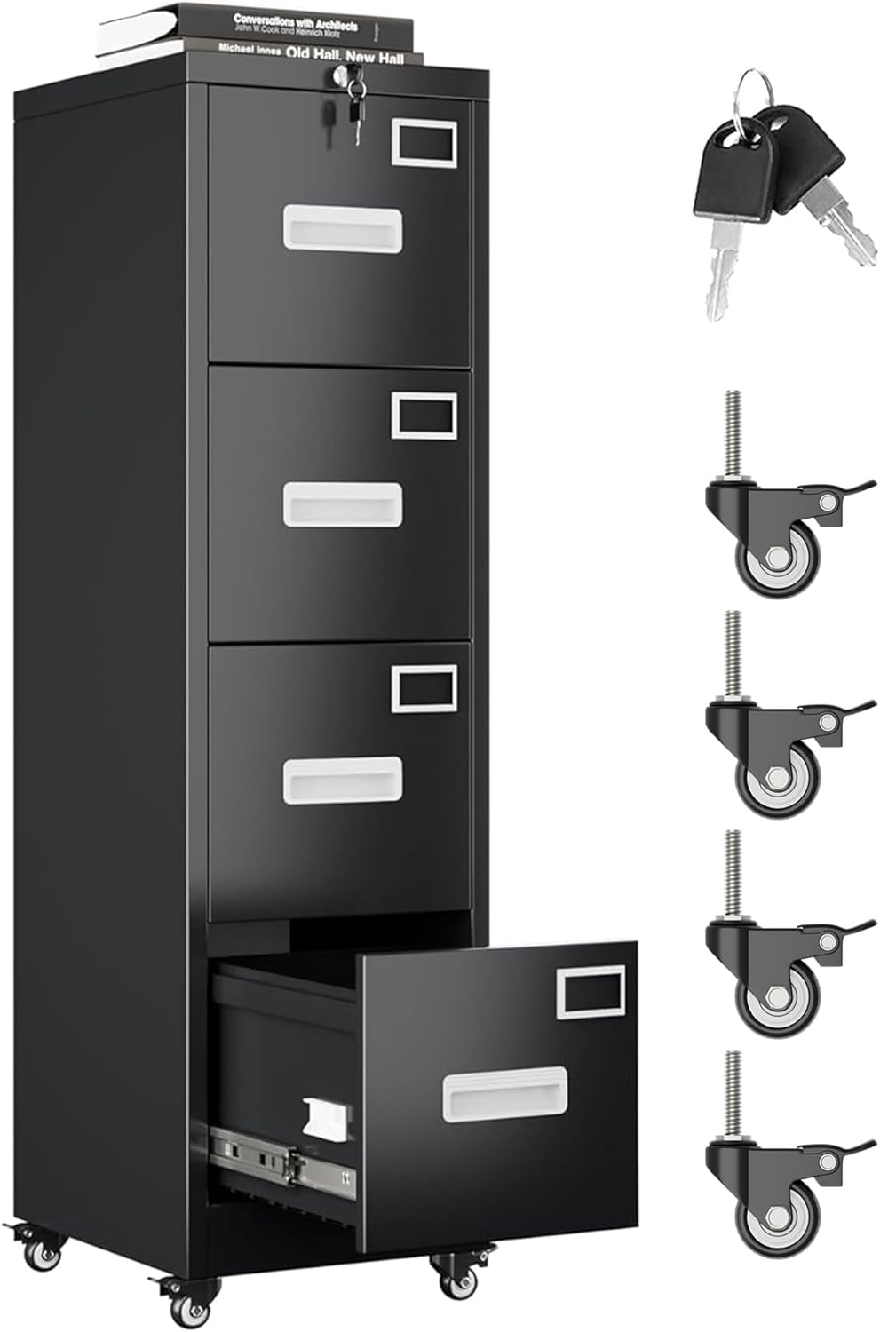 Aobabo 4 Drawer File Cabinet with Lock and Wheels, Metal Vertical Filing Cabinet with Anti-Tilt Interlock System for Home Office, Fits Letter/Legal Size, Black,Required Assembly