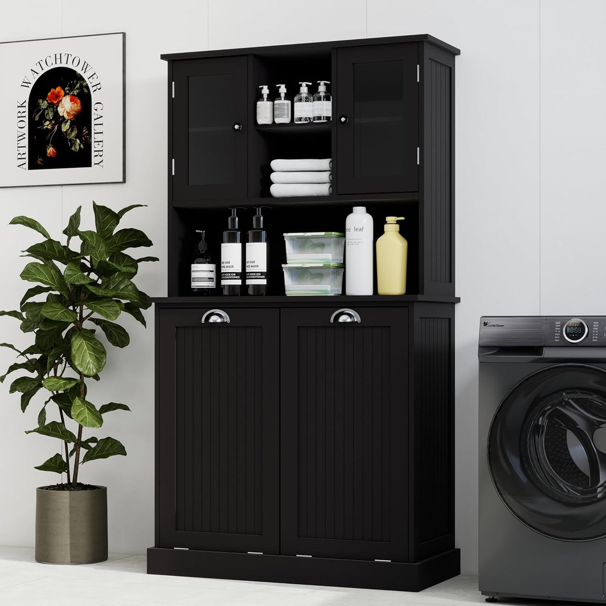 Laundry Hampers 2-Compartment Tilt-Out Laundry Basket Cabinet – Tall Bathroom & Laundry Storage w/ 2 Adjustable Shelves, Space-Saving Durable MDF Organizer for Home, Apartment (Black)