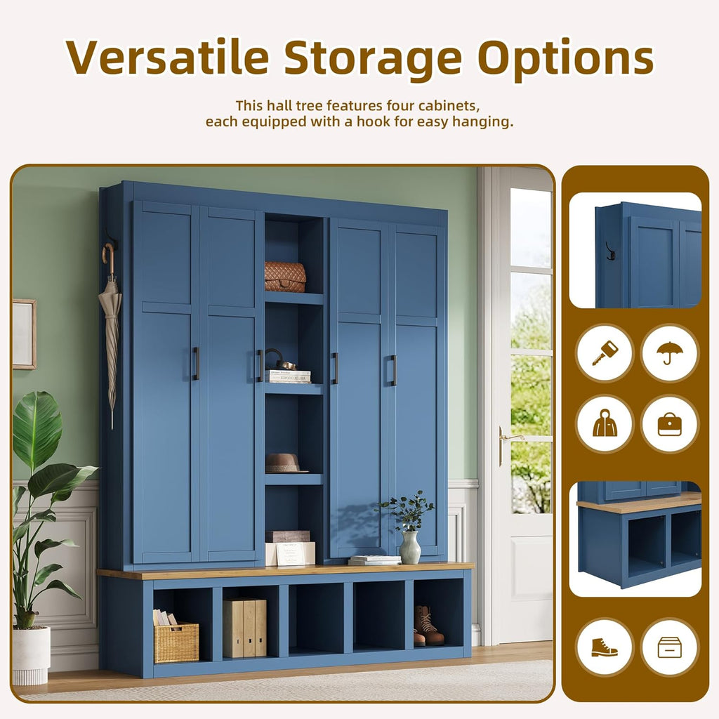 Modern 63'' Wide Hall Tree with 6 Hidden Hanging Hooks, Brown Wood Grain Minimalist Shoe Cabinet with Open Compartments, Entryway Coat Rack for Living Room Hallway (Blue-4.23)