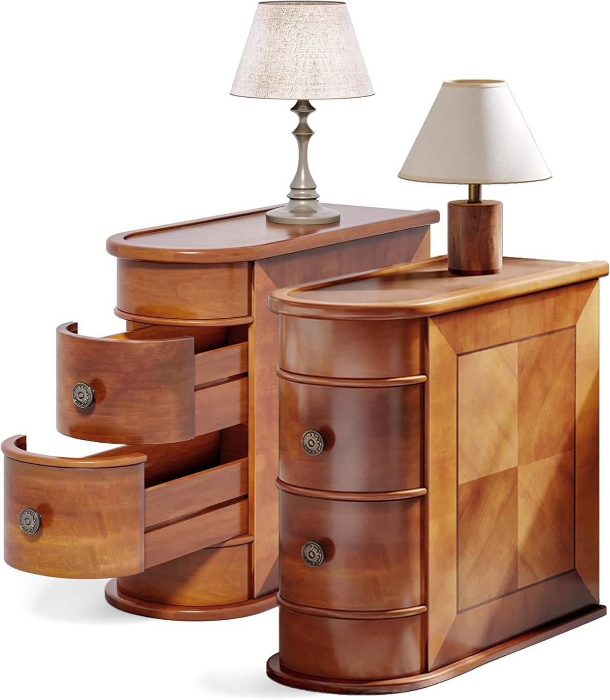 LITTLE TREE End Table Set of 2, No Assembly Required Wood End Table with 2 Drawers, Sofa Side Table for Living Room, Vintage Slim Nightstand Bedside Table for Bedroom