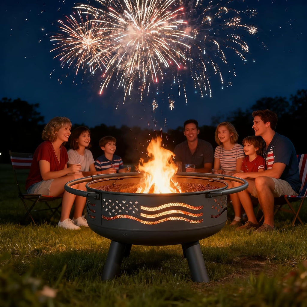 Breezz 32 Inch American Flag Fire Pit with Mesh Cover & Poker, Round Metal Wood Burning Outdoor Firepit for Patio, Garden, Backyard, Bonfire, Ideal for 4th of July, Memorial Day, Christmas