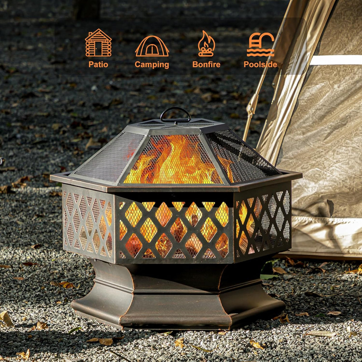 Panovue 28Inch Outdoor Fire Pit, Hexagon Shaped Wood Burning Firepit for Outside Bonfire, Patio, Backyard and Camping (Antique Bronze)