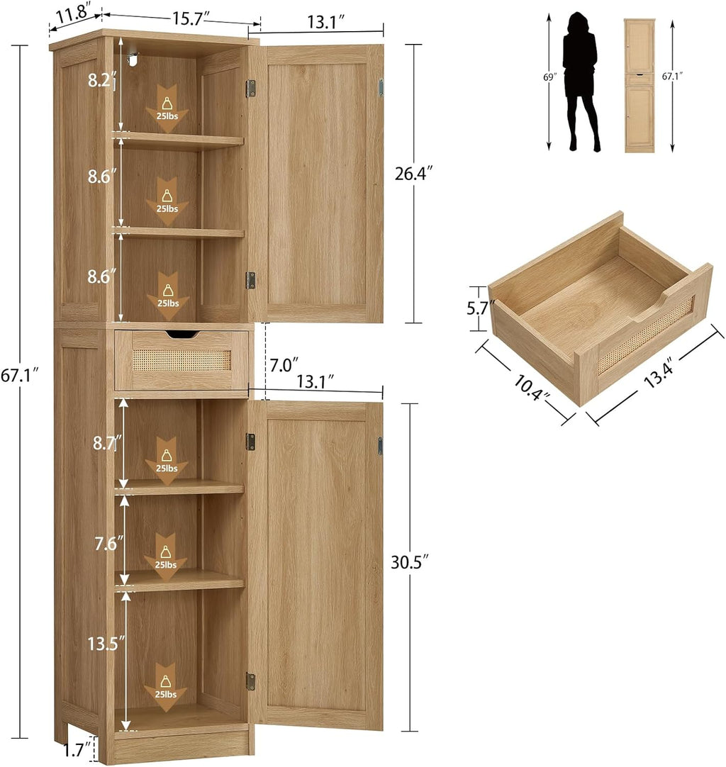 Iwell Tall Narrow Storage Cabinet with Doors, Rattan Cabinet with Adjustable Shelves, Freestanding Linen Storage for Living Room, Entryway, Kitchen, Bathroom, Natural