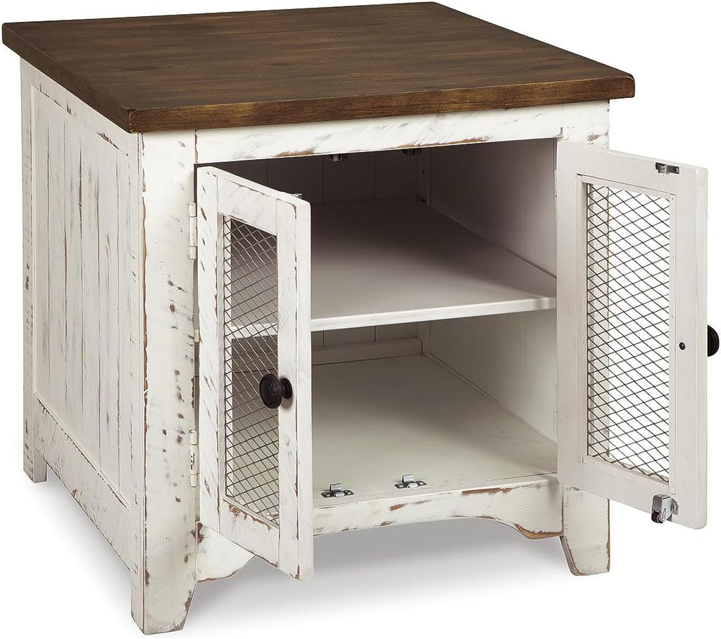 Signature Design by Ashley Wystfield Farmhouse End Table with Storage, Distressed White & Brown Finish
