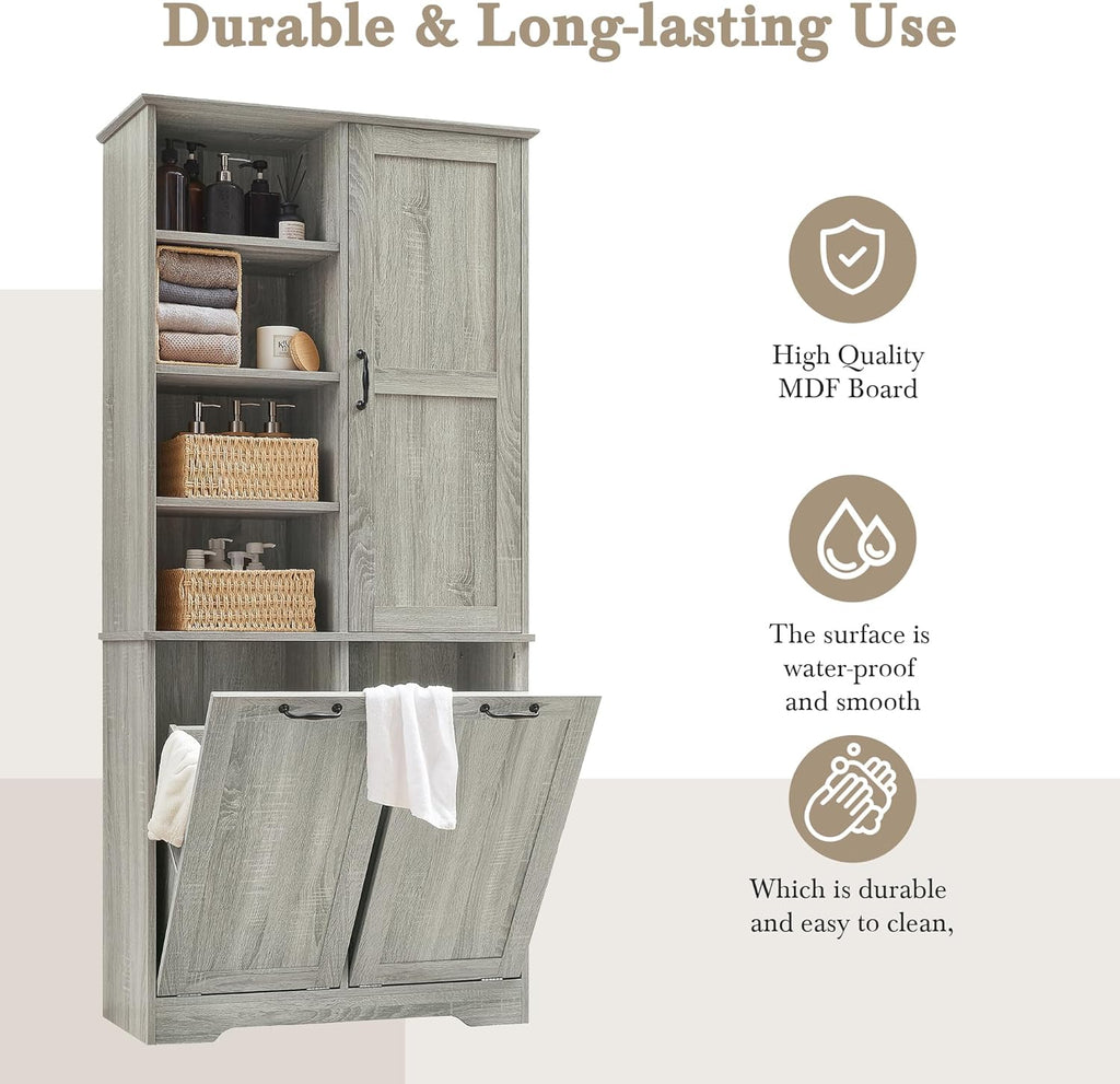 Merax Tall Storage Cabinet with Door and Shelves, Bathroom Storage with 2 Tip-Out Laundry Hamper and Adjustable Shelf, Oak