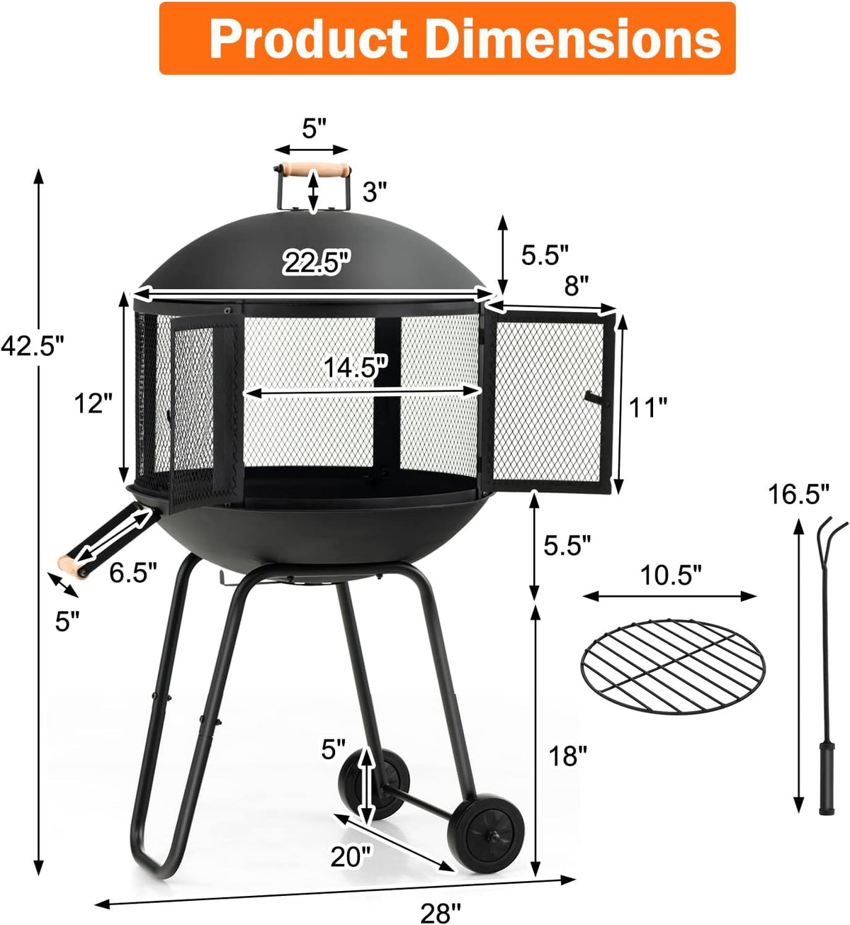 Giantex 28" Portable Fire Pit on Wheels, Outdoor Mobile Wood Burning Firepit w/Log Grate, Fire Poker, Heavy-Duty Steel Frame & Solid Metal Top, 2-Door Gate, Rolling Fire Pits for Entertaining Camping
