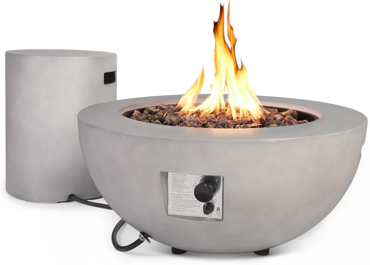 2-Piece Outdoor Propane Fire Pit Table Set w/Tank Cover Table, 31.5-inch 50,000 BTU Bowl Concrete Firepit SUS201 Round Burner with Steel Lid, Lava Rocks, Rain Cover…