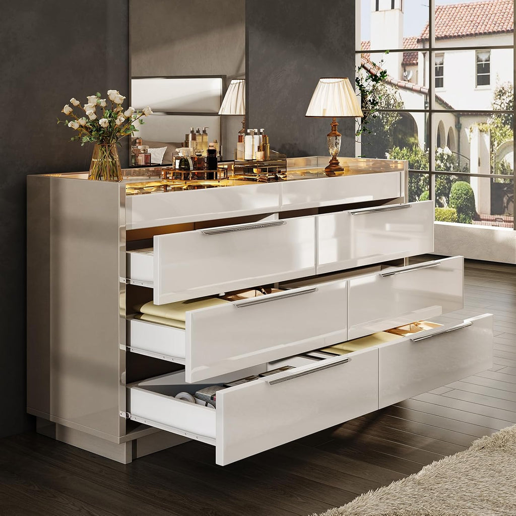 AMERLIFE 47.2" 8 Drawer Dresser with LED Light, Modern High Gloss Chest of Drawers with Glass Tabletop & 2 Six-Grid Jewelry Drawers, for Bedroom, Living Room, Dressing Room, Cream & Grey