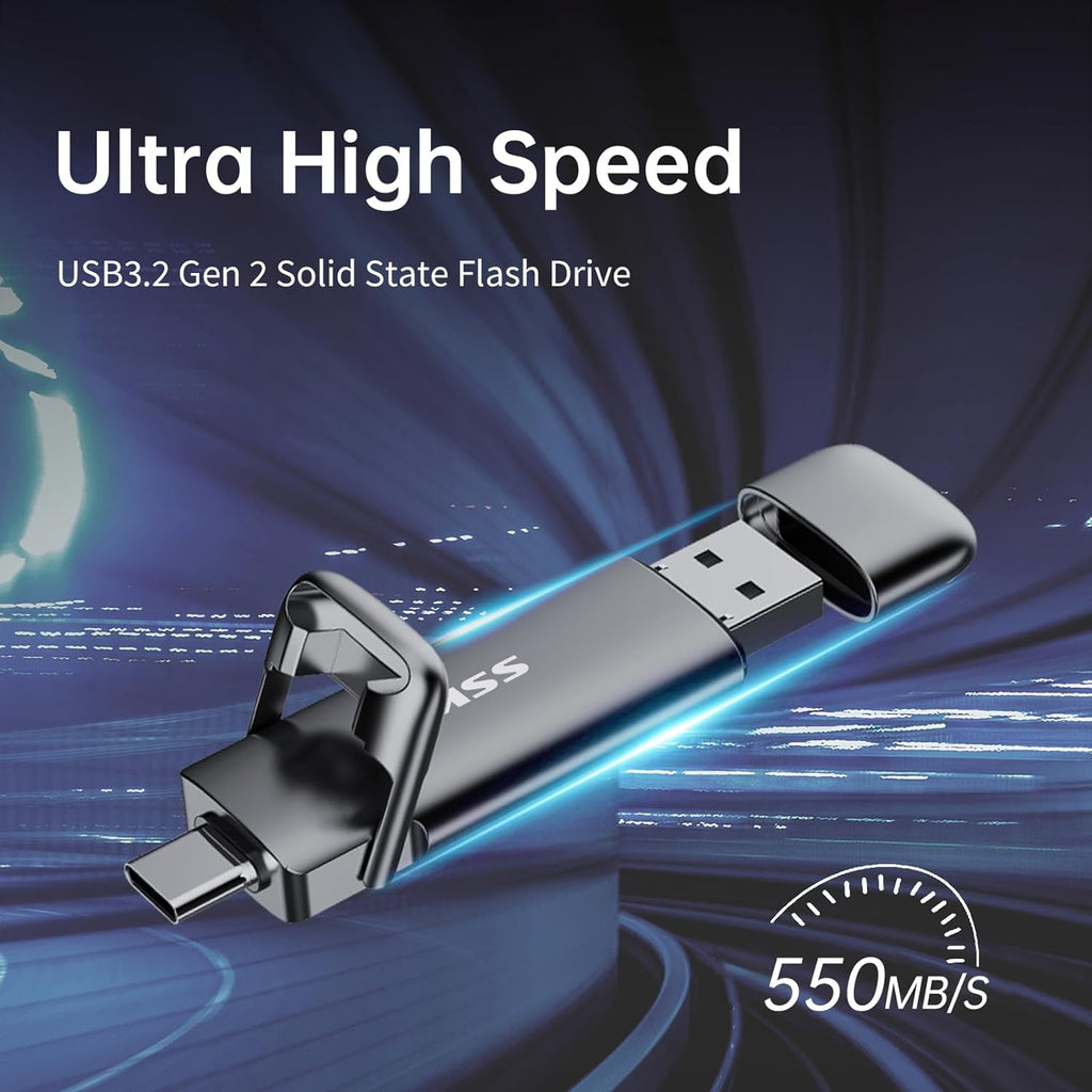 SSK 1TB USB Drive,External SSD Fast 550MB/s 2-in-1 Dual-Drive Type C+ A USB3.2 Gen2 Solid State ThumbDrive SSD-Stick for iPhone 15/16/PS4/Android Phone/Tablet/Windows/Mac