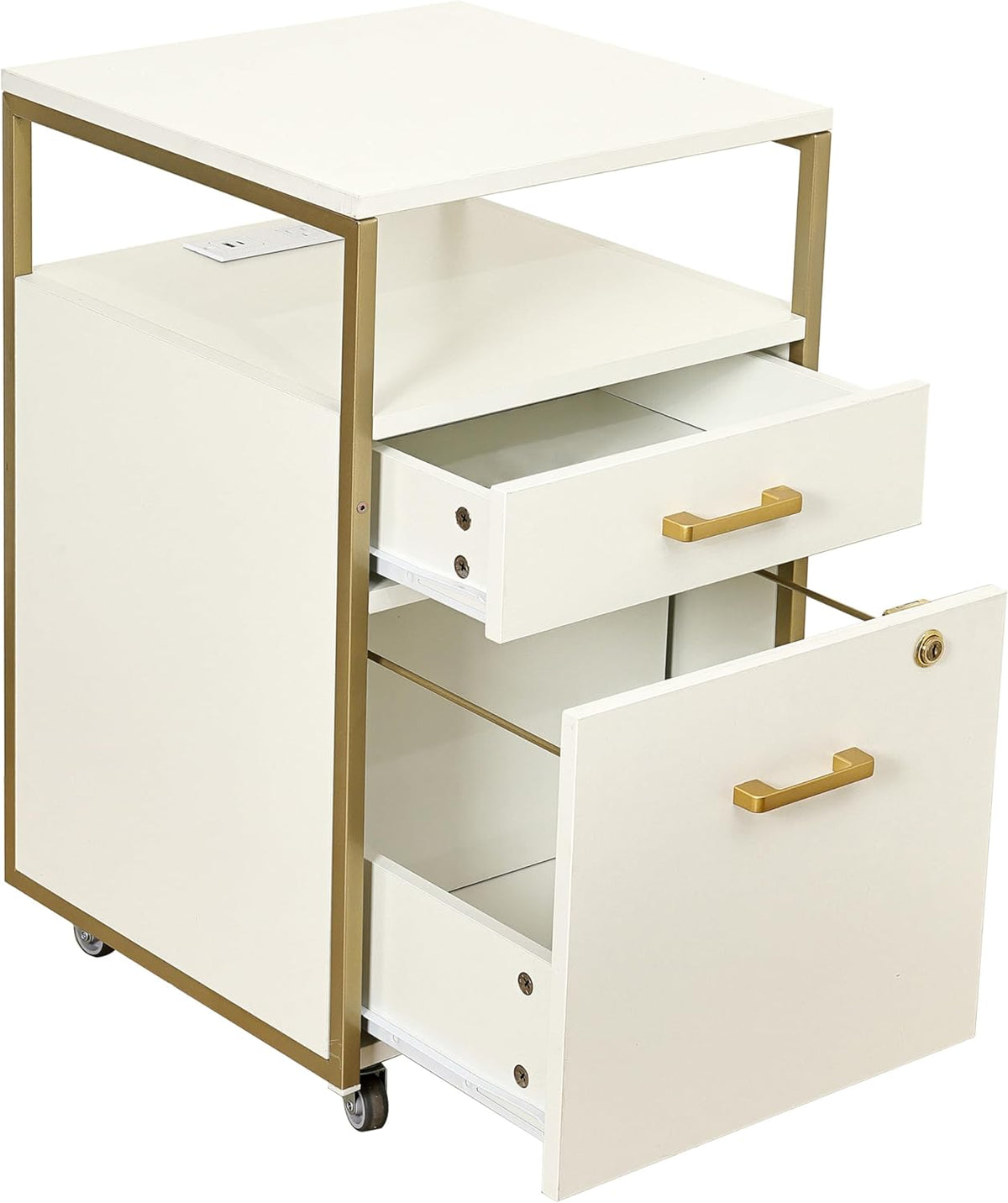 Modern 2-Drawer Rolling File Cabinet with Lock, 2 USB Ports and Power Outlet for Device Charging, Portable File Organizer or Printer Stand for Office or Home with Locking Wheels, White & Gold
