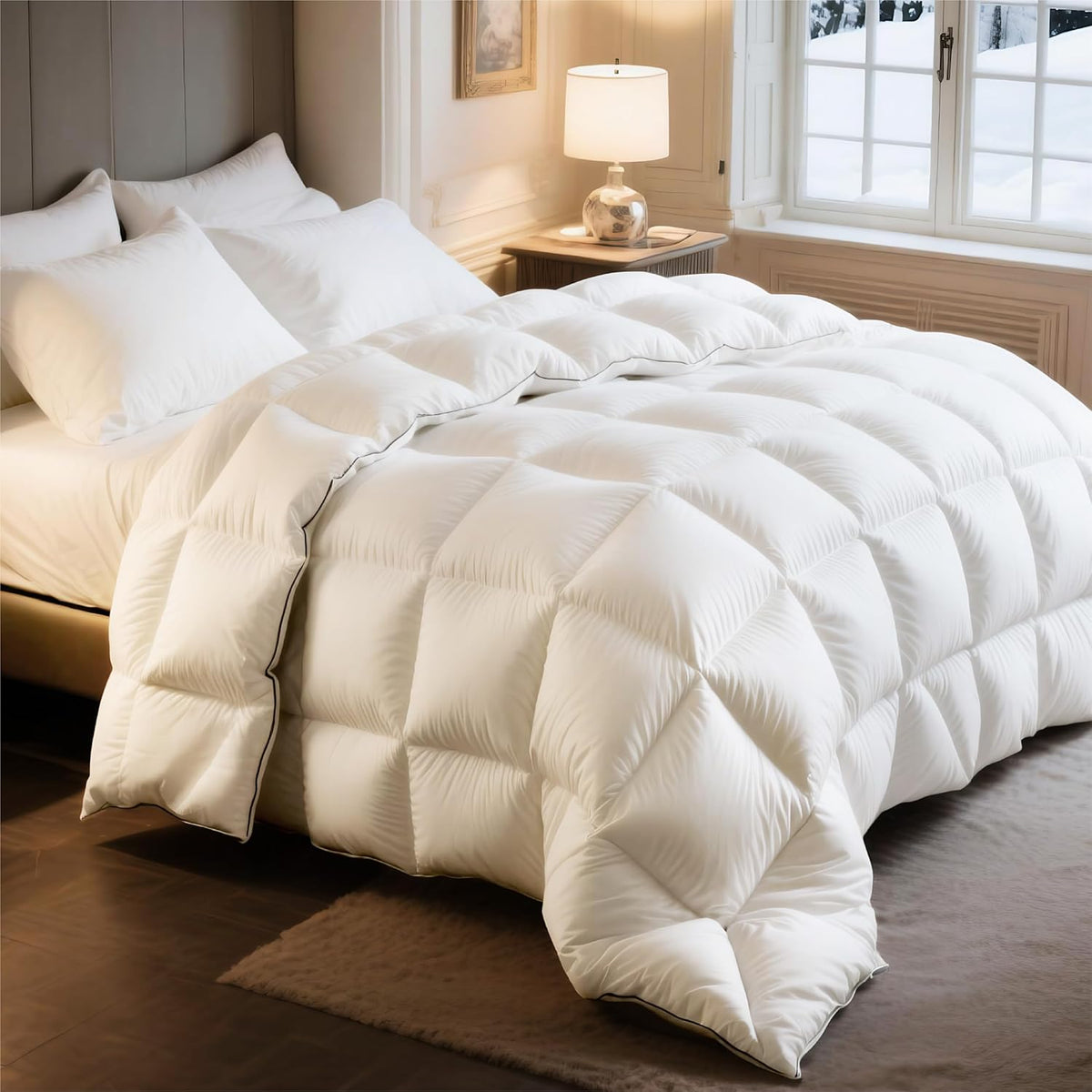 Bedsure Feather Down Comforter King Size, Luxurious Fluffy Hotel Duvet Insert with Storage Bag & 8 Corner Tabs, PureWoven Ultra Soft Cotton Blend Fabric, All Season Comforter, 106x90 Inches, White