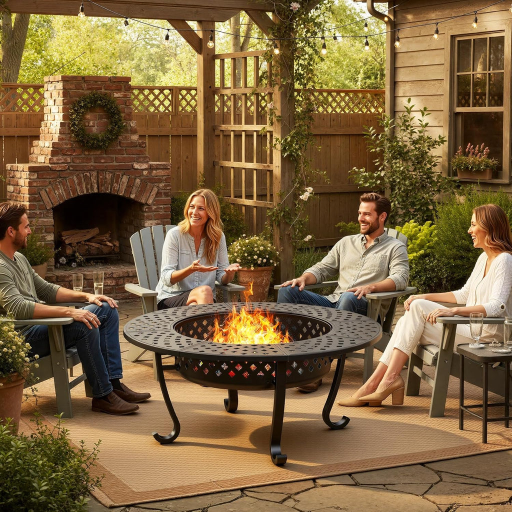 Wisteria Lane 3 in 1 43" Extra Large Fire Pit for Outside Wood Burning with 2 Adjustable Grills, Outdoor Fireplace with Lid and Fire Poker, BBQ & Bonfire & Round Metal Table for Patio, Backyard