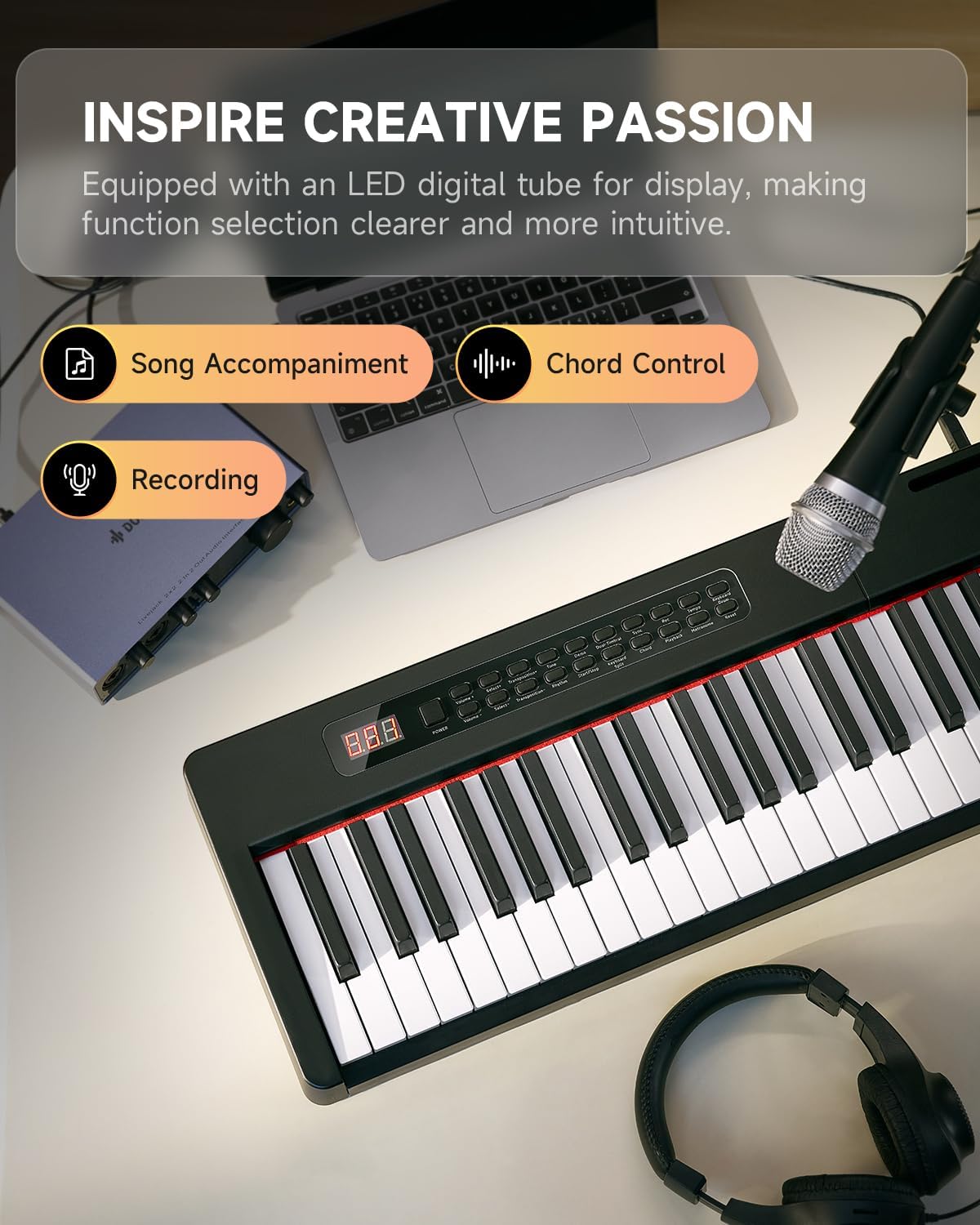 Donner Digital Piano Keyboard Velocity-Sensitive 88 Keys with Removable Piano Stand, Compact Beginner Home Electric Piano with Split Mode, LED Digital Tube for Display, and Triple Pedal DEP-08