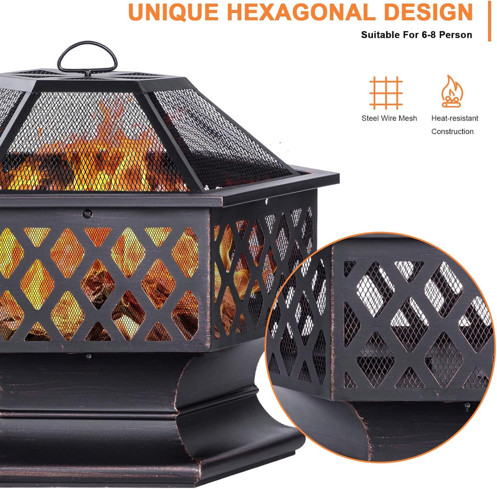 Panovue 28Inch Outdoor Fire Pit, Hexagon Shaped Wood Burning Firepit for Outside Bonfire, Patio, Backyard and Camping (Antique Bronze)