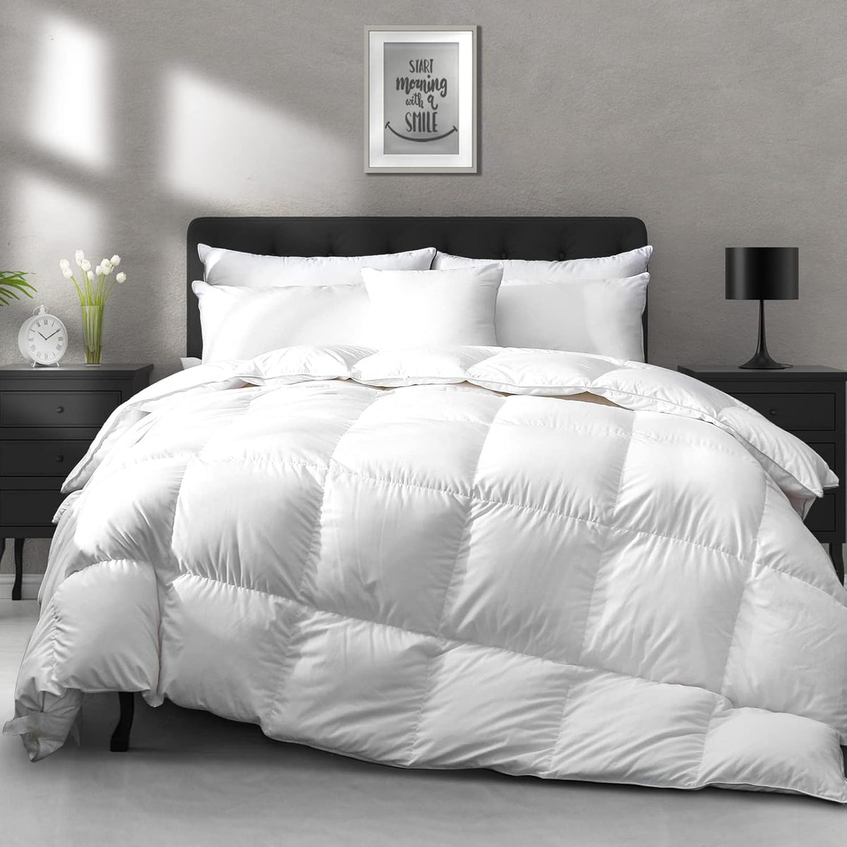 APSMILE Luxury All Season Down Feather Fibers Comforter Full/Queen Size Duvet Insert - 100% Organic Cotton, High Fill Power Medium Warmth, (Ivory White, 90X90)