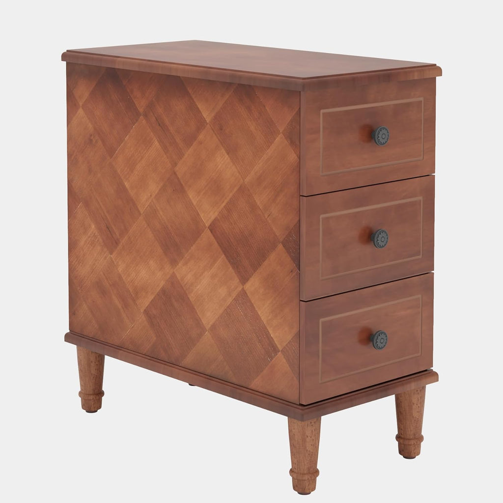 Tribesigns Solid Wood End Table, Fully Assembled Narrow Side Table with Drawers, Pre-Assembled Nightstand Slim Bedside Table for Small Spaces, Living Room, Bedroom, Brown