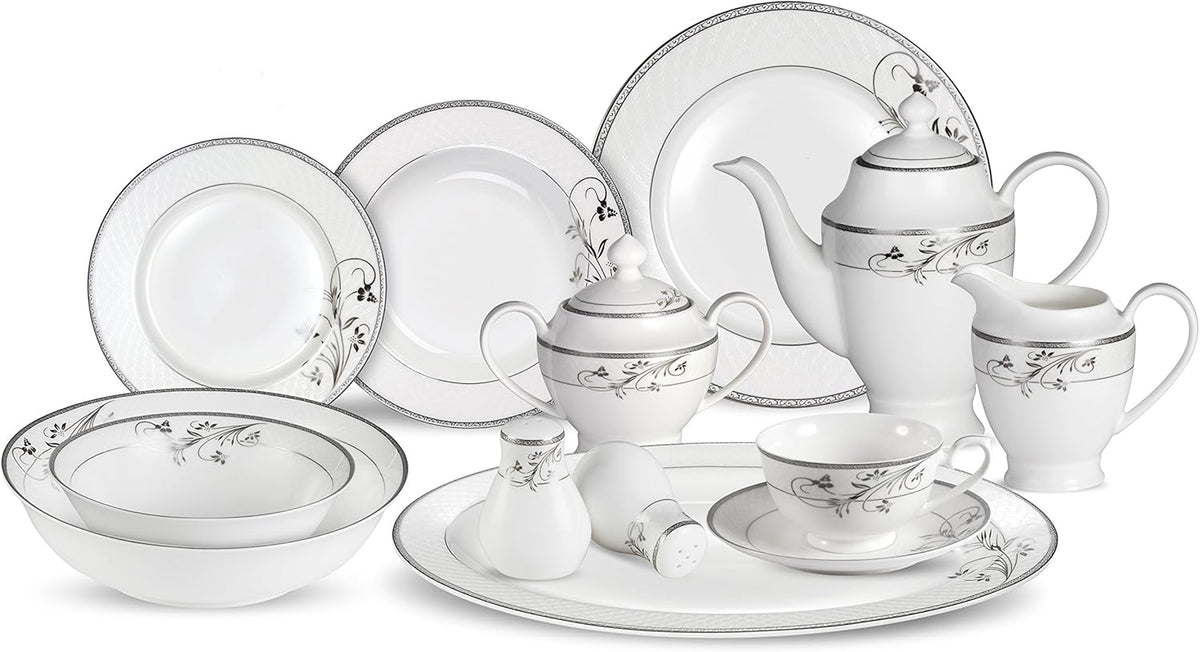 Lorenzo 57 Piece Elegant Bone China Service for 8 Viola Dinnerware Sets, Silver