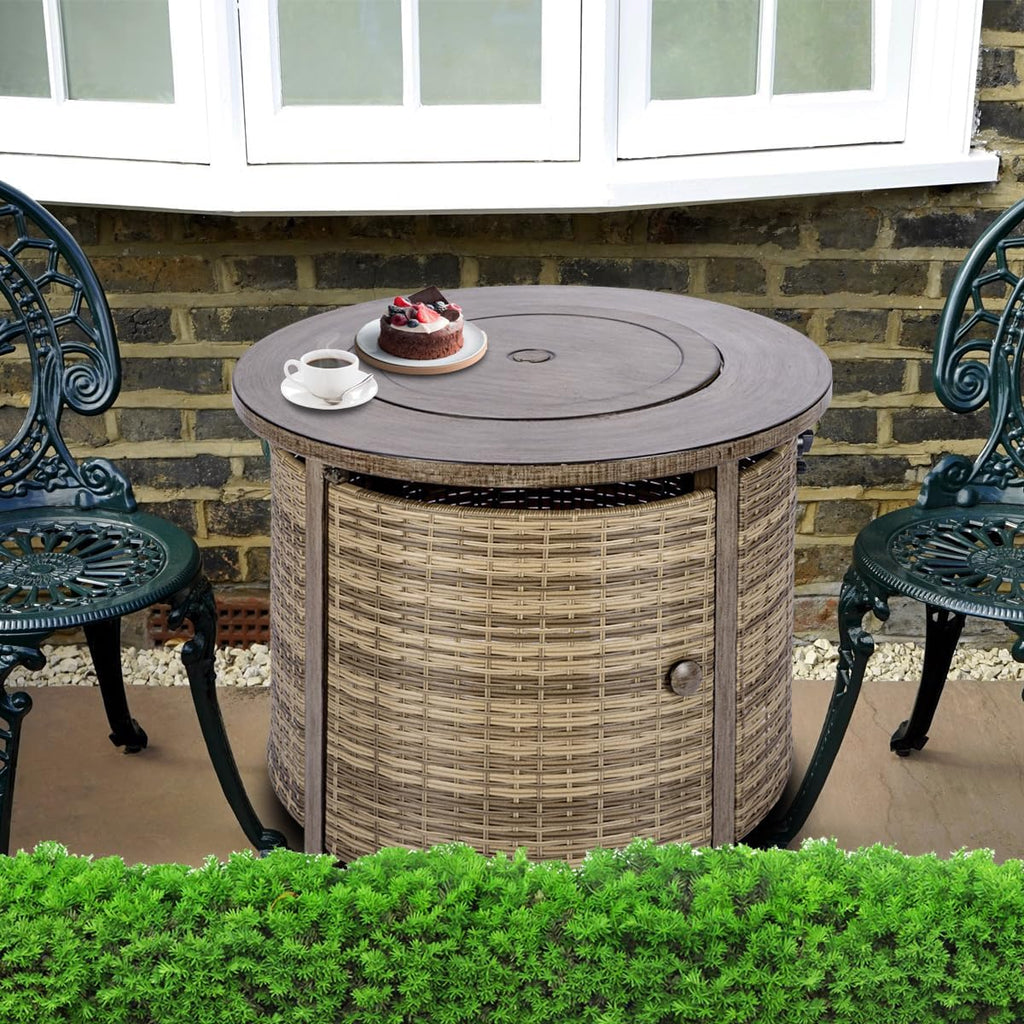 OutVue 32 inch Propane Fire Pit Table,Wicker Gas Fire Pits Table with Lid & Lava Rocks, 50000 BTU Round Propane Firepit for Outside, Fire Table for Dining,Party, Patio,Yard