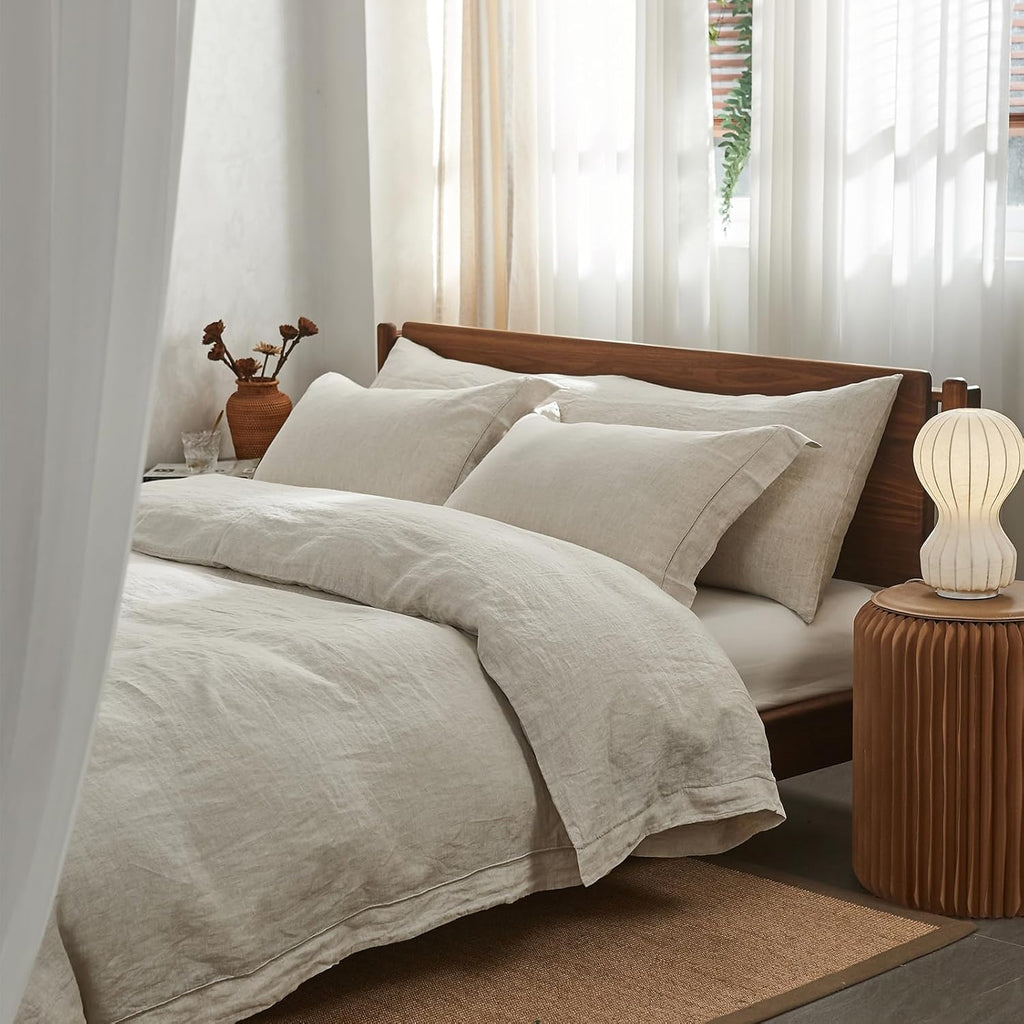 Simple&Opulence 100% Washed Linen Duvet Cover Set with Embroidered,3 Pieces Soft Farmhouse Comforter Set with Button Closure,1 Duvet Cover and 2 Pillowshams(King,Natural Linen)