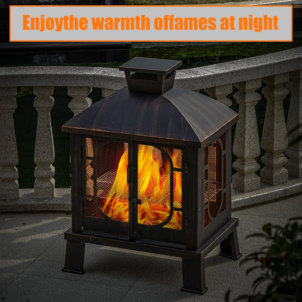 Panovue 45" H×31''W Metal Chiminea Fire Pit with Grill, Wood Burning Fire Pits for Outside,Square Chimineas Fireplace with Mesh Spark Screen Door& Fire Poker for Garden,Yard,BBQ,Bonfire (Black&Gold)