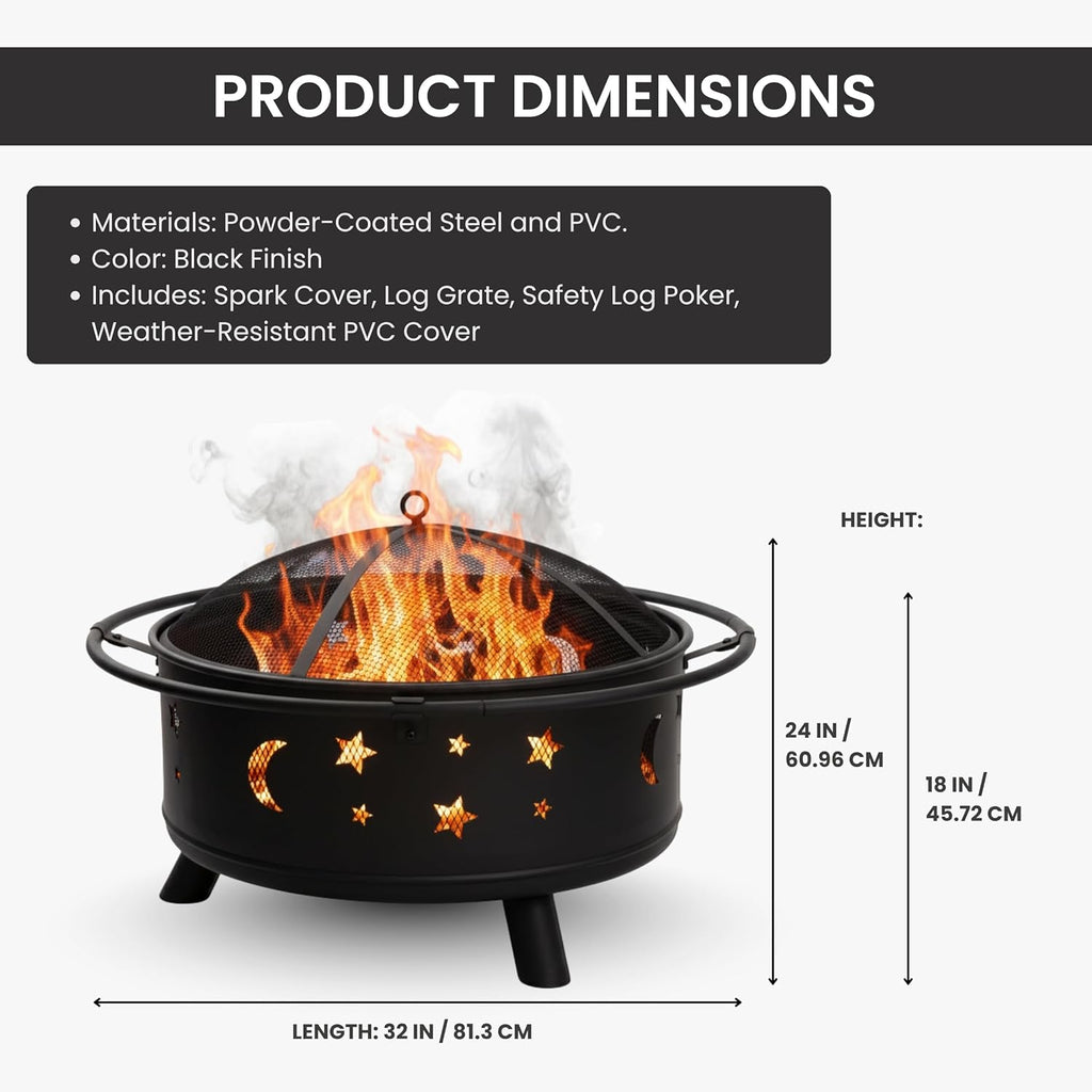 Fire Pit - 32-Inch Outdoor Wood Burning Firepit with Screen, Poker, and Cover - Outdoor Fire Pits for Backyard, Deck, or Patio by Pure Garden (Black)